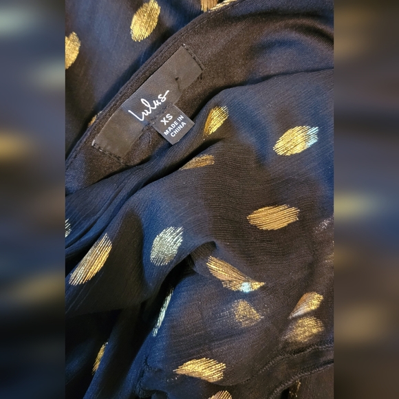 Lulus Sheer Metallic Polka Dot Ruffle Smocked Tie Cocktail Wedding Guest Dress - Picture 9 of 11